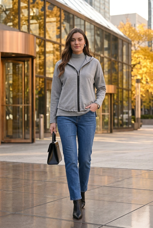 Denim bleu et accessoires noirs structurés pour magasiner