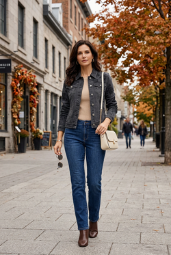 Denim foncé, maille beige et bottines chocolat sur l’avenue Laurier