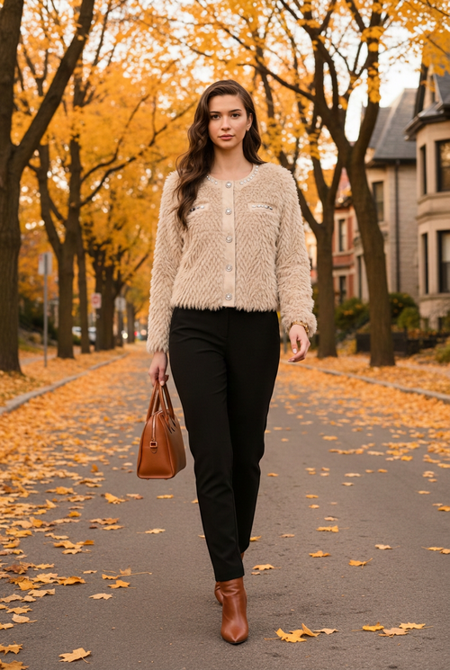 En marche à Outremont, pantalon noir et accessoires cognac