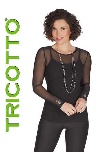 Haut Tricotto 924 noir maille transparente pour femme – Élégant et moderne, parfait pour sorties, occasions et superposition