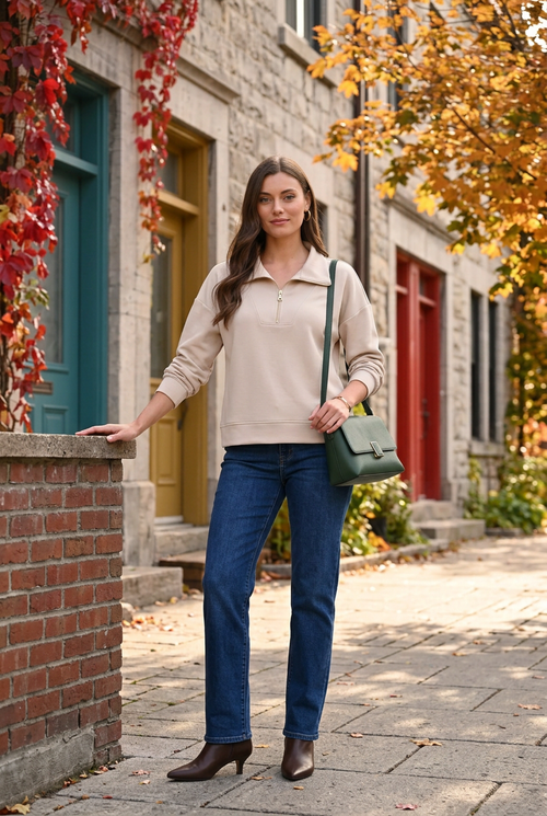 Fin de semaine en ville, jean indigo et sac vert forêt