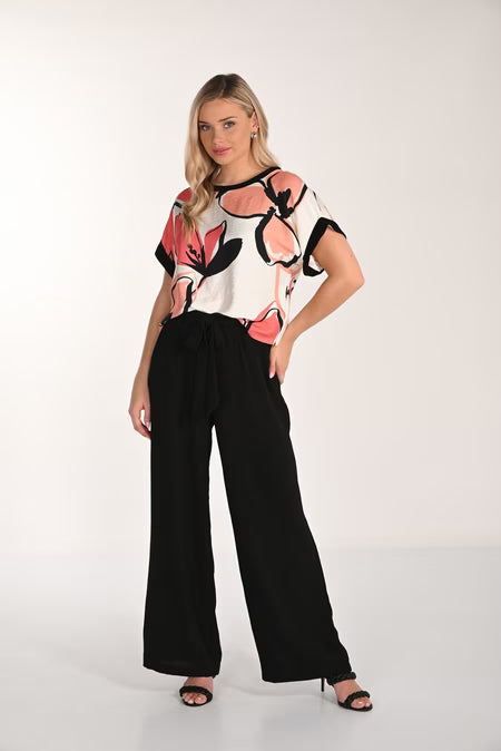 Haut Frank Lyman 266217 – Top Fluide à Motif Floral Abstrait Corail & Noir, Pour la Femme Contemporaine.