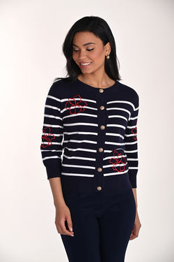 Chandail rayé bleu nuit et blanc à contrastes raffinés Frank Lyman 266355 – Style moderne et élégance décontractée pour la femme contemporaine