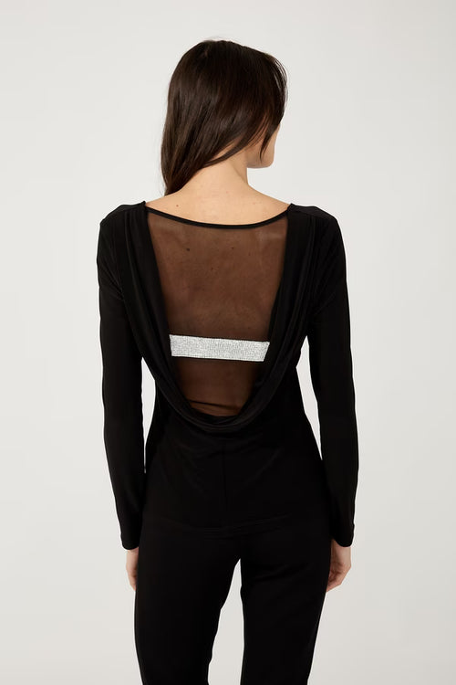 Haut dos ouvert strass argentés Frank Lyman 254025 - Pour la femme audacieuse - Soirée cocktail gala - Sobre devant spectaculaire de dos - Avec pantalon slim noir ou pantalon large ivoire et sandales dorées