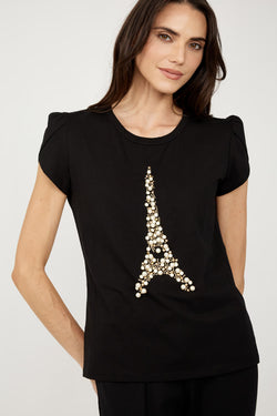 Chandail noir Frank Lyman 254953 avec motif Tour Eiffel en strass et manches bouffantes – Élégant, glamour et confortable