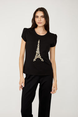 Chandail noir Frank Lyman 254953 avec motif Tour Eiffel en strass et manches bouffantes – Élégant, glamour et confortable
