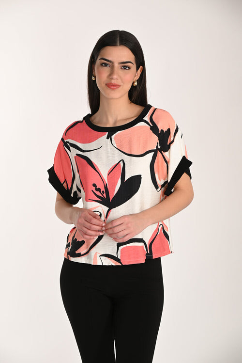 Haut Frank Lyman 266217 – Top Fluide à Motif Floral Abstrait Corail & Noir, Pour la Femme Contemporaine.