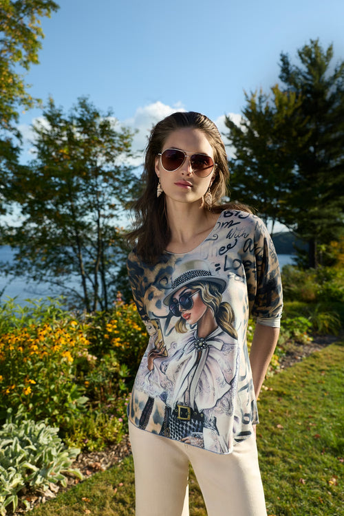 Haut Frank Lyman 266562 – Imprimé Floral Contrasté Tan & Noir, Pour la Femme Chic & Contemporaine