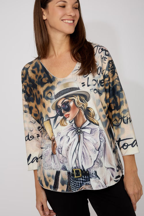 Haut Frank Lyman 266562 – Imprimé Floral Contrasté Tan & Noir, Pour la Femme Chic & Contemporaine