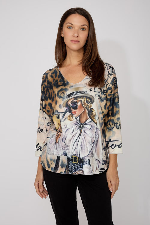Haut Frank Lyman 266562 – Imprimé Floral Contrasté Tan & Noir, Pour la Femme Chic & Contemporaine