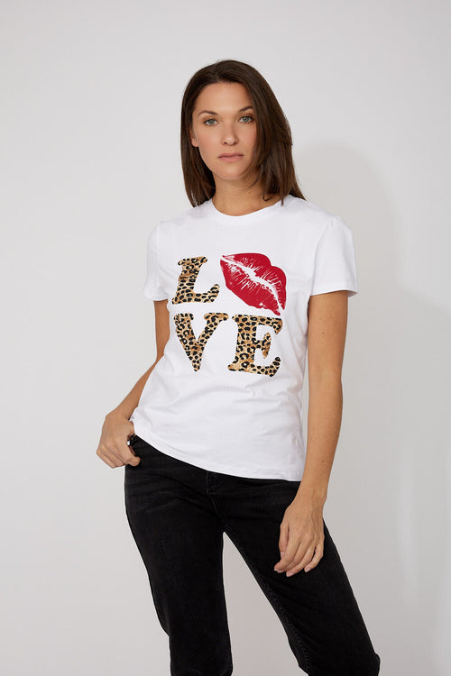T-shirt blanc Frank Lyman à manches courtes avec imprimé LOVE et motif lèvres, conçu pour un style audacieux et moderne – Modèle 266530