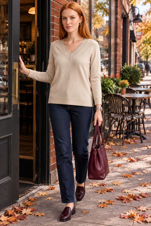 Haut beige et denim sur l’avenue Monkland