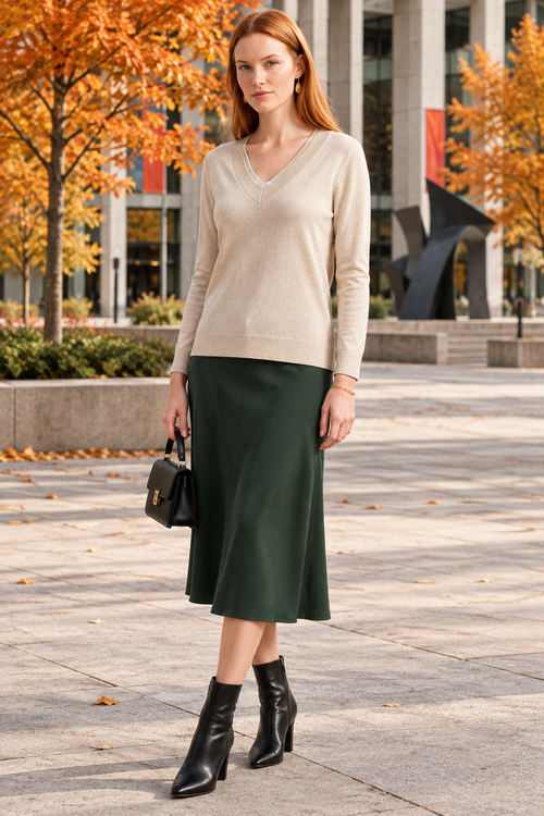 Haut beige et jupe verte à la Place des Arts