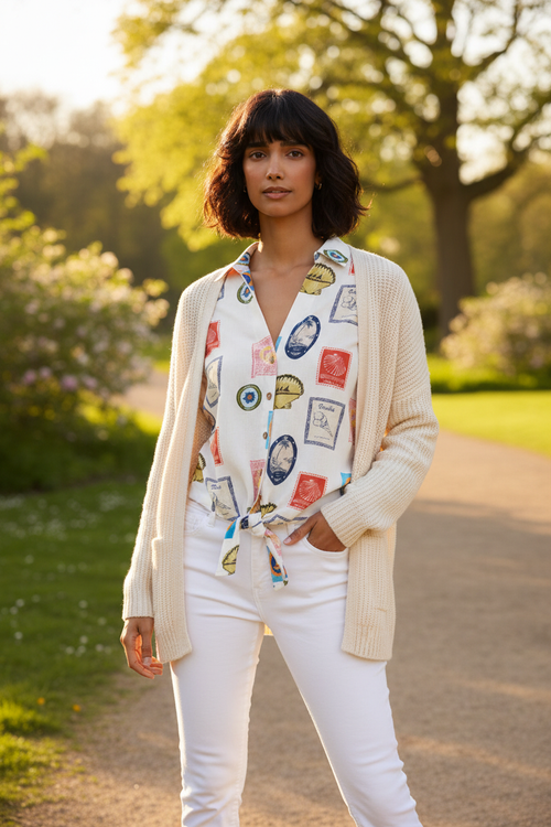 Haut blanc cartes postales vintage avec cardigan - Parc