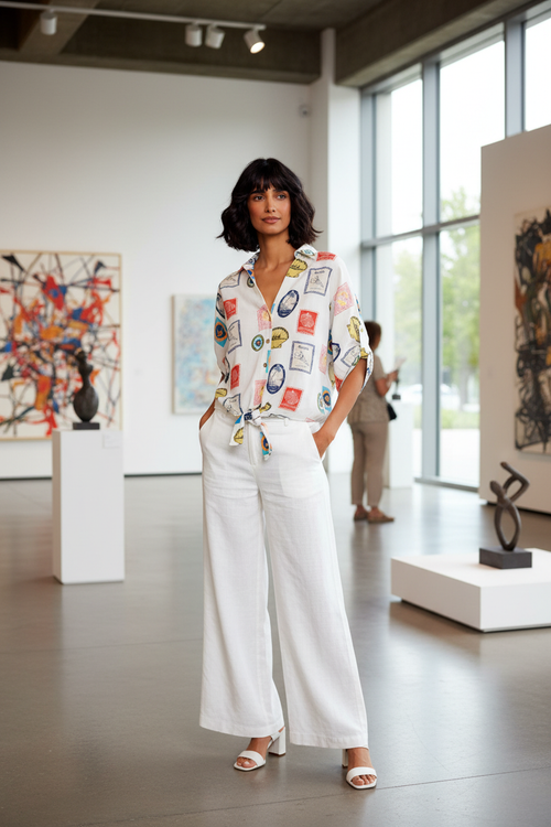 Haut blanc cartes postales vintage avec pantalon blanc - Galerie