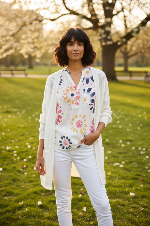 Haut blanc marguerites colorées avec cardigan - Parc