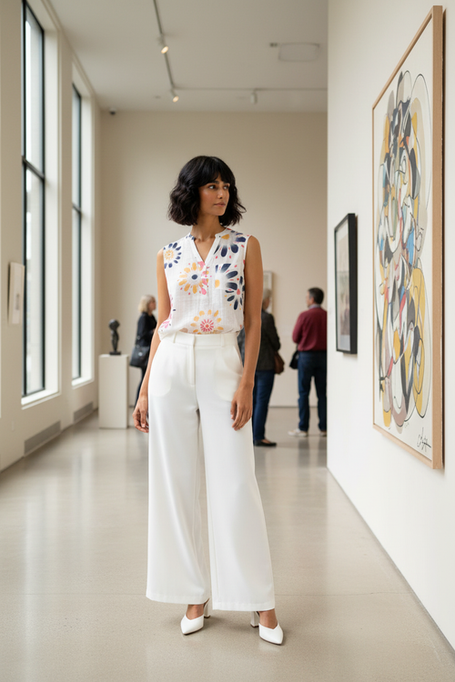 Haut blanc marguerites colorées avec pantalon blanc - Galerie
