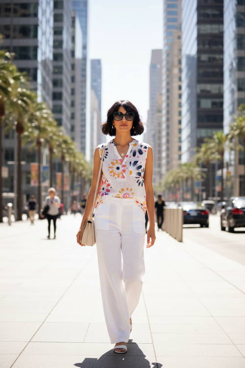 Haut blanc marguerites colorées avec pantalon blanc - Ville