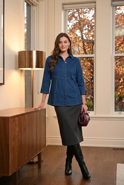 Haut bleu, jupe charcoal et pochette prune, tenue de dîner
