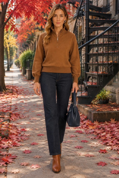 Haut brun et denim rue Drolet