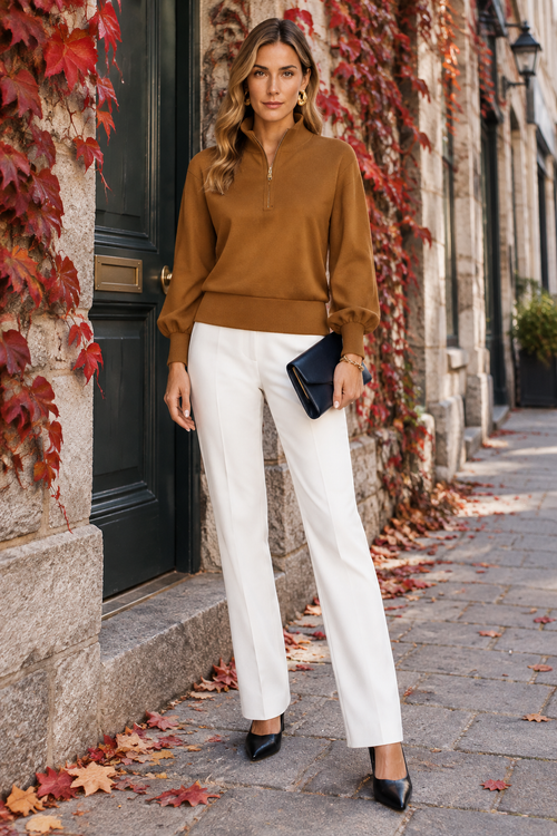 Haut brun et pantalon blanc rue Saint-Pierre