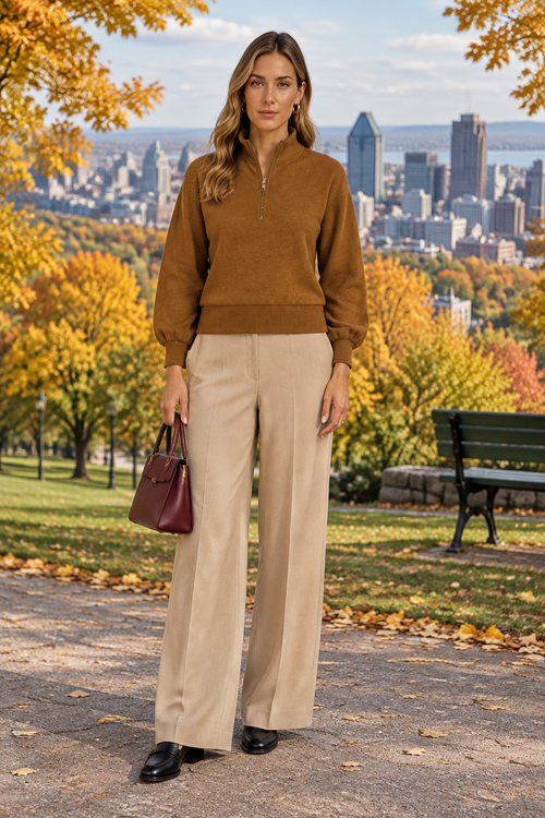 Haut brun et pantalon sable au parc Jeanne-Mance