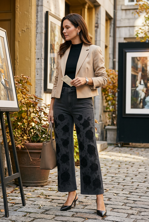 Haut noir et veston beige pour une visite en galerie