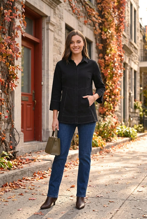Haut noir, jean indigo et sac kaki, fin de semaine chic