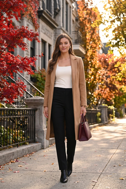 Haut porcelaine, pantalon noir et pardessus camel ouvert