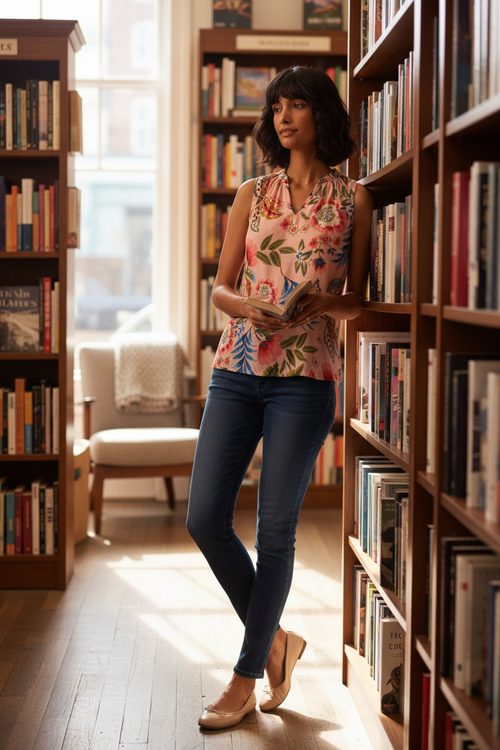 Haut rose gardénia floral avec jean - Librairie