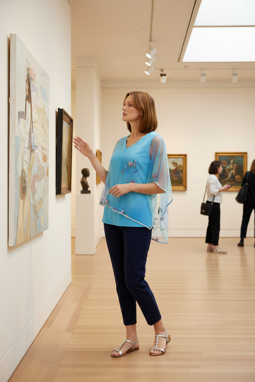 Look galerie d'art - haut turquoise avec pantalon marine