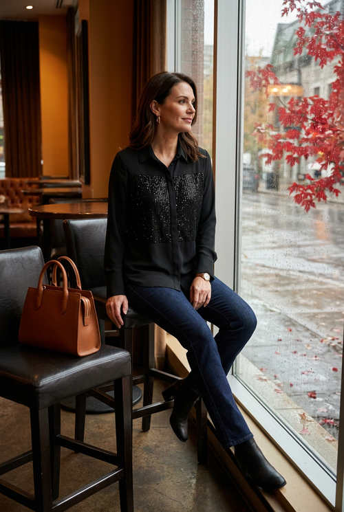 Jean foncé, pose assise dans un café avec vue sur l’automne pluvieux
