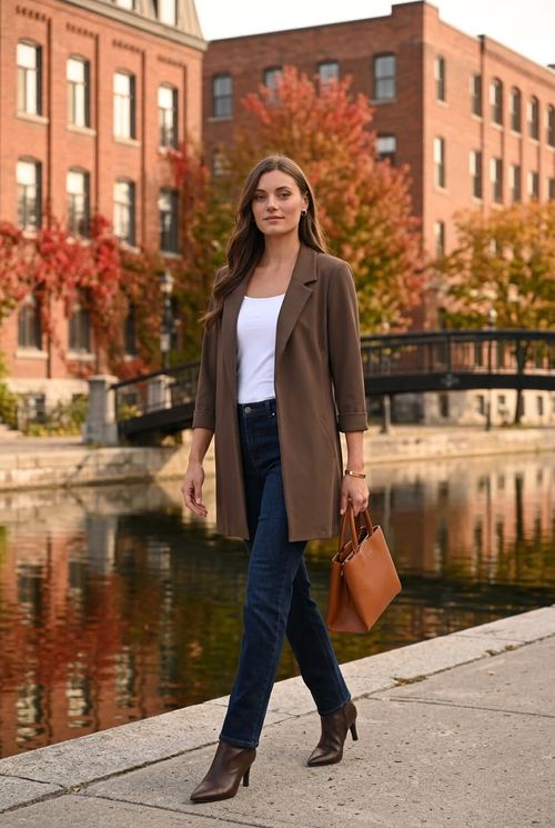 Jean indigo et accessoires cognac, promenade à Saint-Henri