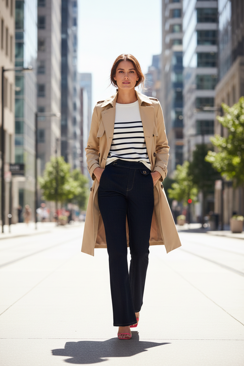 Jean + Trench beige + Chemise rayée