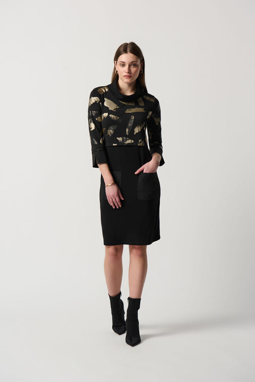 Robe noire à manches longues avec imprimé artistique doré Joseph Ribkoff 234100 – Élégance sophistiquée et glamour pour la femme moderne, des occasions spéciales aux sorties chic