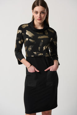 Robe noire à manches longues avec imprimé artistique doré Joseph Ribkoff 234100 – Élégance sophistiquée et glamour pour la femme moderne, des occasions spéciales aux sorties chic