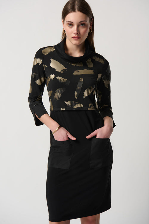 Robe noire à manches longues avec imprimé artistique doré Joseph Ribkoff 234100 – Élégance sophistiquée et glamour pour la femme moderne, des occasions spéciales aux sorties chic
