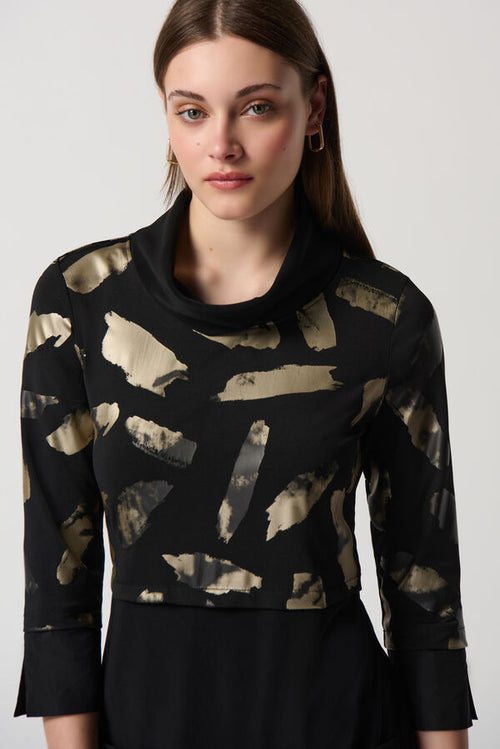 Robe noire à manches longues avec imprimé artistique doré Joseph Ribkoff 234100 – Élégance sophistiquée et glamour pour la femme moderne, des occasions spéciales aux sorties chic