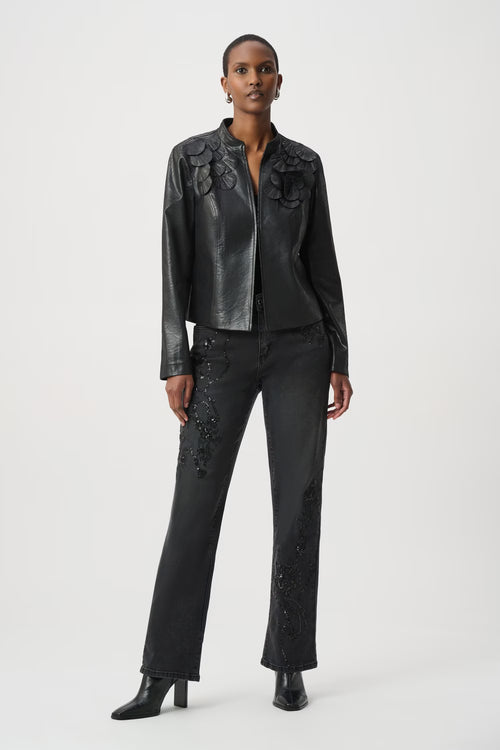 Veste Similicuir Fleurs Sculptées Joseph Ribkoff – Noir | SKU 264906 | Pour la femme audacieuse | Soirées & Occasions spéciales