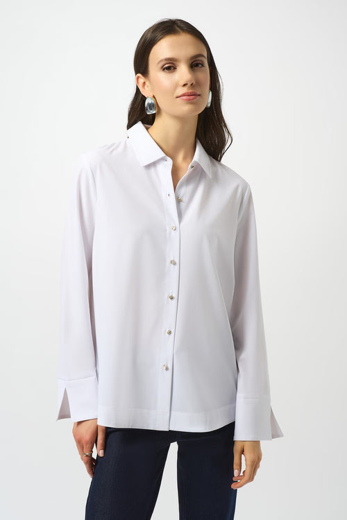 Chemisier blanc structuré manches 3/4 avec fermeture éclair au dos Joseph Ribkoff 253923 – Élégance moderne pour la femme raffinée, du bureau aux occasions spéciales