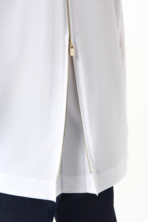 Chemisier blanc structuré manches 3/4 avec fermeture éclair au dos Joseph Ribkoff 253923 – Élégance moderne pour la femme raffinée, du bureau aux occasions spéciales