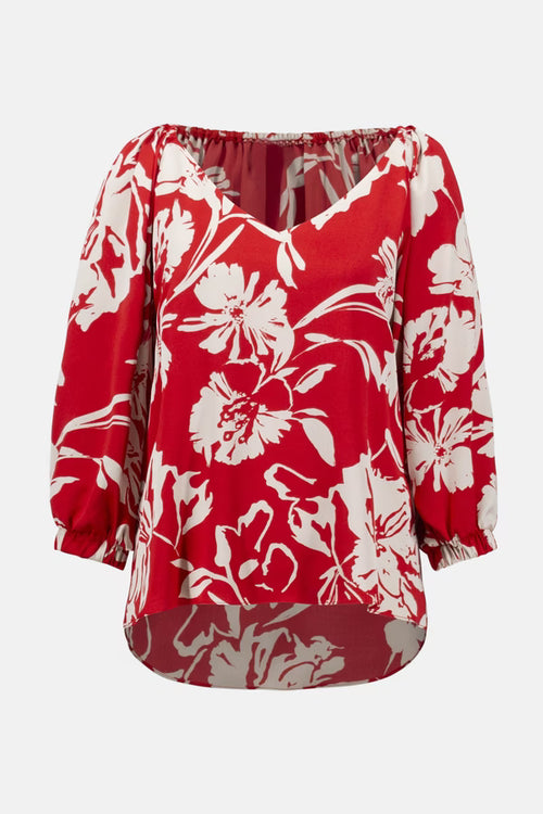 Haut imprimé floral rouge et crème à manches courtes Joseph Ribkoff 252119 – Féminité colorée et élégance raffinée pour la femme moderne, du bureau aux sorties chic