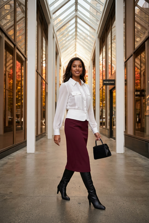 Jupe bordeaux et bottes noires dans une arcade contemporaine