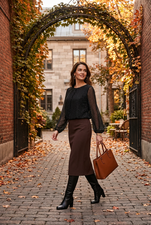 Jupe chocolat et accessoires cognac dans un passage couvert de feuillage
