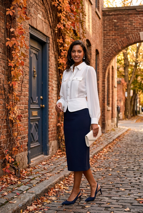 Jupe marine et pochette ivoire devant une façade aux couleurs d’automne