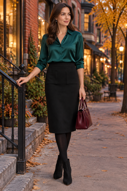 Jupe noire et blouse émeraude à la place Valois