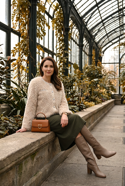 Jupe olive et bottes taupe dans une serre lumineuse
