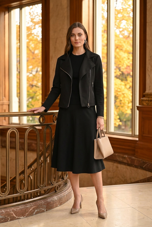 Jupe évasée noire et accessoires beige pour un dîner avant un concert