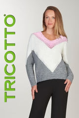 Pull Tricotto T-350 motifs contrastés en V pour femme – Moderne et structuré, parfait pour quotidien, bureau et sorties