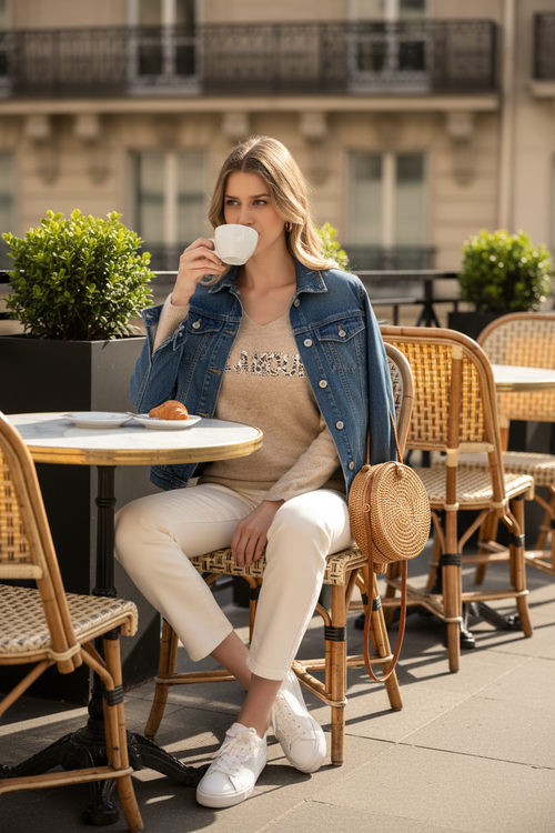 Look 2 · Manteau en jean · Terrasse café